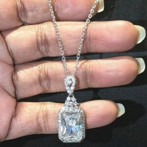 8.60 Ct Emerald Cut White Sapphire 18k White Gold Plated Silver Pendant +Chain